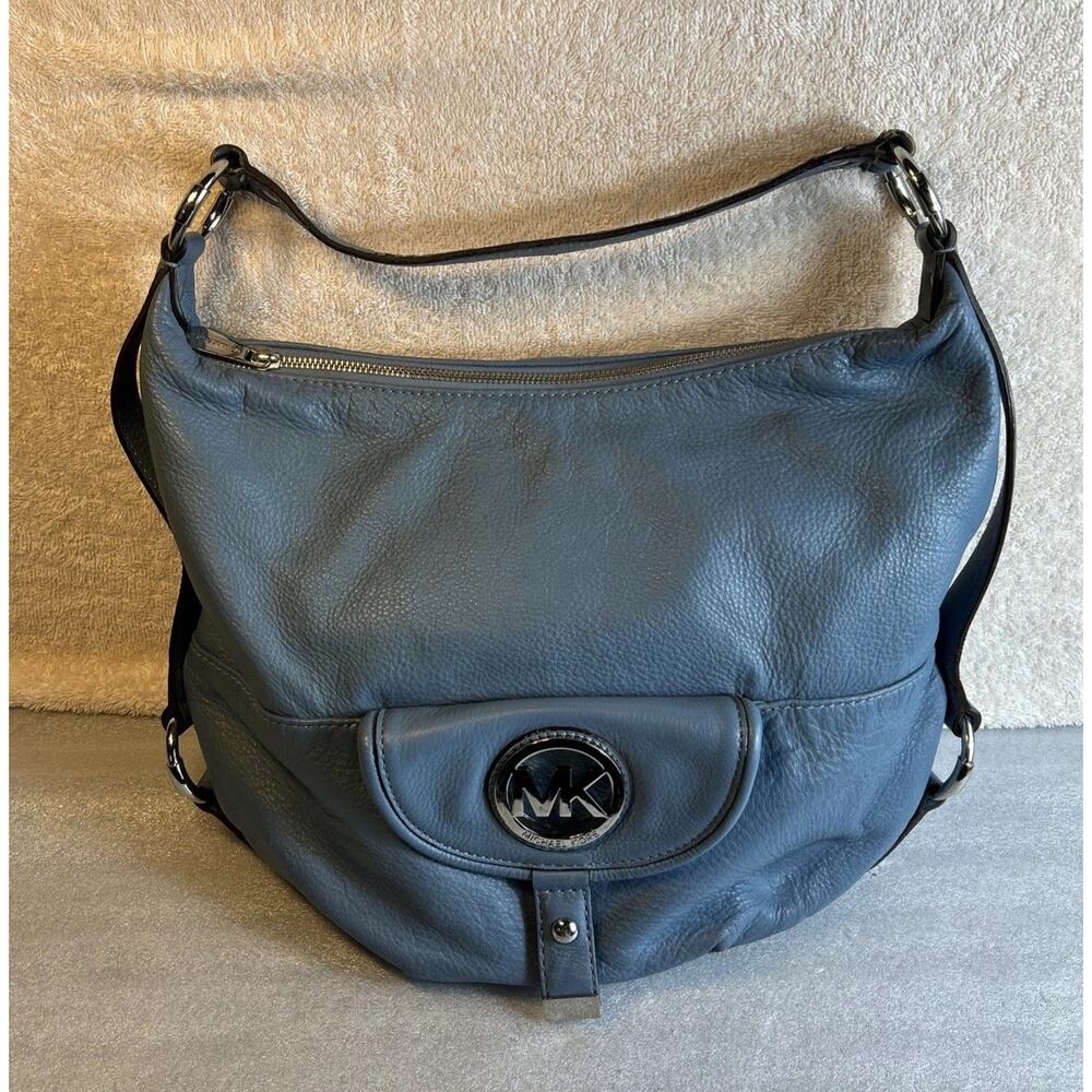 Michael Kors Shoulder Bag Womens Blue Pebbled Leather Shoulder Strap Silver MK